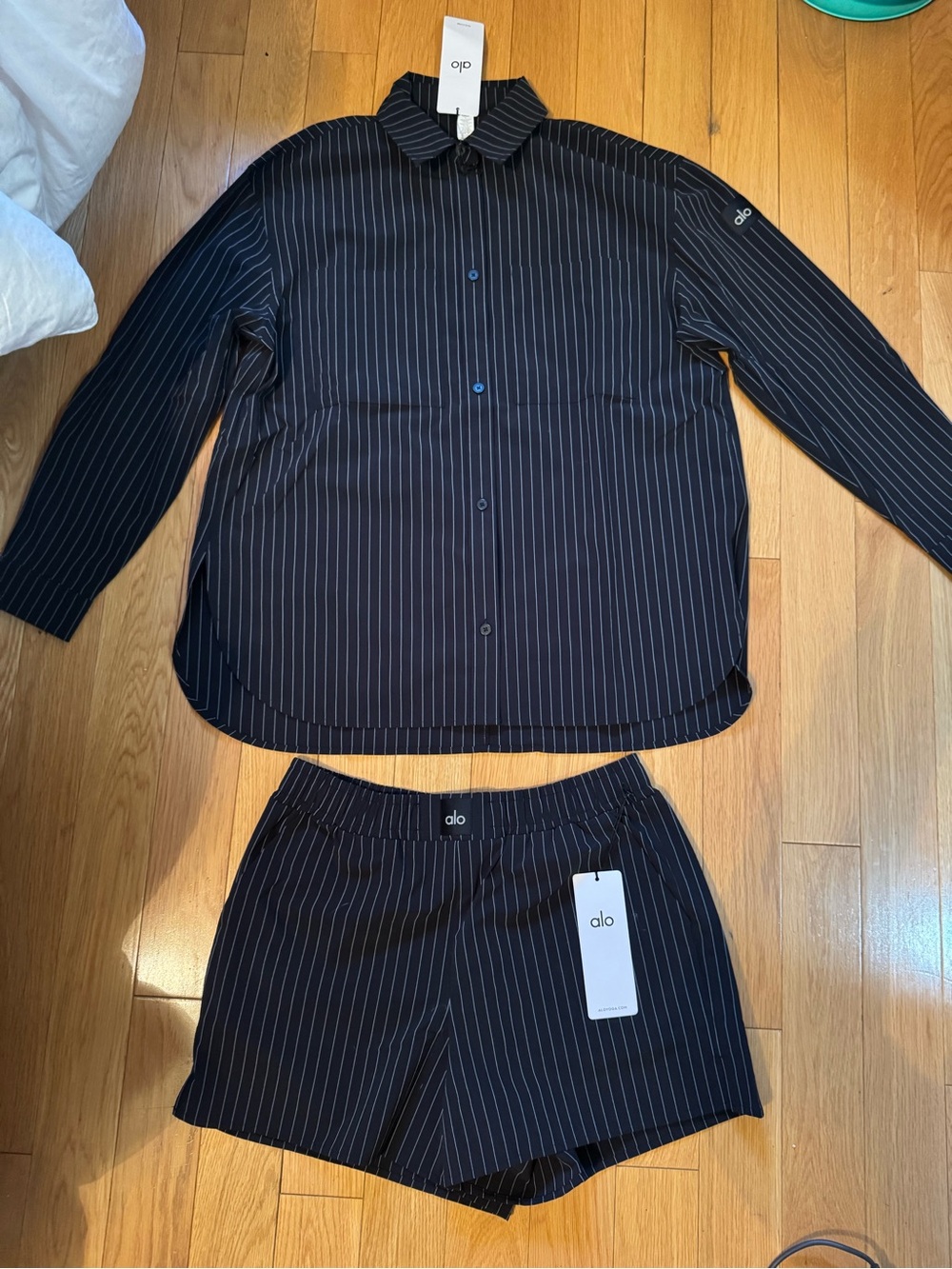 ALO Yoga Black Pinstripe Shirt & Shorts Set